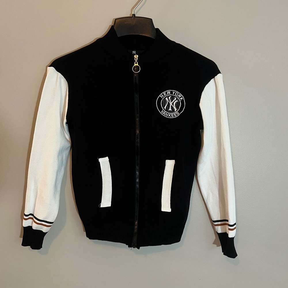 New York Yankees Women Knit Varsity Sweater Black White Full Zip Small Preppy